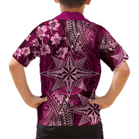 Vintage Tonga Tribal Ngatu Pattern Family Matching Off The Shoulder Long Sleeve Dress and Hawaiian Shirt With Pacific Floral Pink Art LT9 - Polynesian Pride