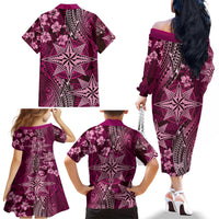 Vintage Tonga Tribal Ngatu Pattern Family Matching Off The Shoulder Long Sleeve Dress and Hawaiian Shirt With Pacific Floral Pink Art LT9 - Polynesian Pride