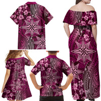 Vintage Tonga Tribal Ngatu Pattern Family Matching Off Shoulder Maxi Dress and Hawaiian Shirt With Pacific Floral Pink Art LT9 - Polynesian Pride