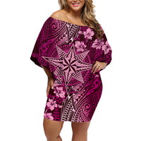 Vintage Tonga Tribal Ngatu Pattern Family Matching Off Shoulder Short Dress and Hawaiian Shirt With Pacific Floral Pink Art LT9 Mom's Dress Pink - Polynesian Pride