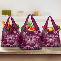 Vintage Tonga Tribal Ngatu Pattern Grocery Bag With Pacific Floral Pink Art