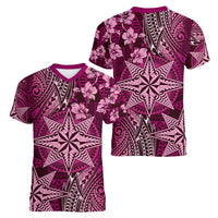 Vintage Tonga Tribal Ngatu Pattern Women V-Neck T-Shirt With Pacific Floral Pink Art