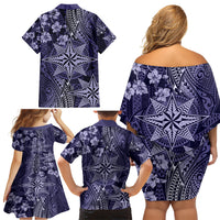 Vintage Tonga Tribal Ngatu Pattern Family Matching Off Shoulder Short Dress and Hawaiian Shirt With Pacific Floral Pink Art LT9 - Polynesian Pride