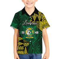 Personalised Tonga Liahona High School Family Matching Off The Shoulder Long Sleeve Dress and Hawaiian Shirt Since 1948 Special Kupesi Pattern LT9 Son's Shirt Green - Polynesian Pride