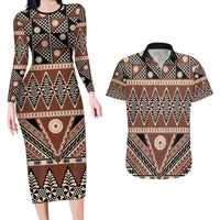 Vintage Bula Fiji Couples Matching Long Sleeve Bodycon Dress and Hawaiian Shirt Brown Tapa Masi Motif LT9 Brown - Polynesian Pride