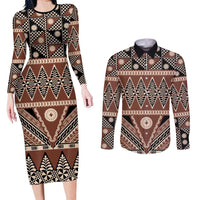 Vintage Bula Fiji Couples Matching Long Sleeve Bodycon Dress and Long Sleeve Button Shirt Brown Tapa Masi Motif LT9 Brown - Polynesian Pride