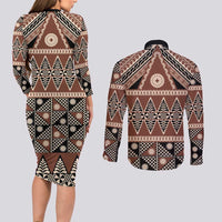 Vintage Bula Fiji Couples Matching Long Sleeve Bodycon Dress and Long Sleeve Button Shirt Brown Tapa Masi Motif LT9 - Polynesian Pride