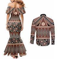 Vintage Bula Fiji Couples Matching Mermaid Dress and Long Sleeve Button Shirt Brown Tapa Masi Motif