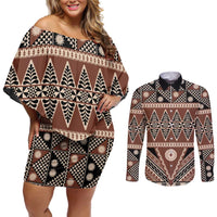 Vintage Bula Fiji Couples Matching Off Shoulder Short Dress and Long Sleeve Button Shirt Brown Tapa Masi Motif