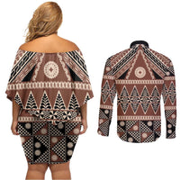 Vintage Bula Fiji Couples Matching Off Shoulder Short Dress and Long Sleeve Button Shirt Brown Tapa Masi Motif