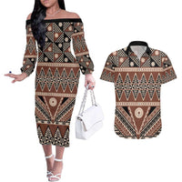 Vintage Bula Fiji Couples Matching Off The Shoulder Long Sleeve Dress and Hawaiian Shirt Brown Tapa Masi Motif LT9 Brown - Polynesian Pride