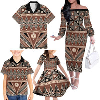 Vintage Bula Fiji Family Matching Off The Shoulder Long Sleeve Dress and Hawaiian Shirt Brown Tapa Masi Motif LT9 - Polynesian Pride