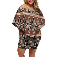 Vintage Bula Fiji Family Matching Off Shoulder Short Dress and Hawaiian Shirt Brown Tapa Masi Motif LT9 Mom's Dress Brown - Polynesian Pride