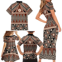 Vintage Bula Fiji Family Matching Short Sleeve Bodycon Dress and Hawaiian Shirt Brown Tapa Masi Motif LT9 - Polynesian Pride