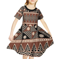 Vintage Bula Fiji Kid Short Sleeve Dress Brown Tapa Masi Motif