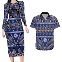 Vintage Bula Fiji Couples Matching Long Sleeve Bodycon Dress and Hawaiian Shirt Prussian Blue Tapa Masi Motif LT9 Blue - Polynesian Pride