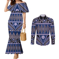 Vintage Bula Fiji Couples Matching Mermaid Dress and Long Sleeve Button Shirt Prussian Blue Tapa Masi Motif