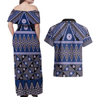 Vintage Bula Fiji Couples Matching Off Shoulder Maxi Dress and Hawaiian Shirt Prussian Blue Tapa Masi Motif LT9 - Polynesian Pride