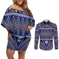 Vintage Bula Fiji Couples Matching Off Shoulder Short Dress and Long Sleeve Button Shirt Prussian Blue Tapa Masi Motif