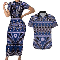 Vintage Bula Fiji Couples Matching Short Sleeve Bodycon Dress and Hawaiian Shirt Prussian Blue Tapa Masi Motif LT9 Blue - Polynesian Pride