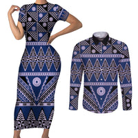 Vintage Bula Fiji Couples Matching Short Sleeve Bodycon Dress and Long Sleeve Button Shirt Prussian Blue Tapa Masi Motif LT9 Blue - Polynesian Pride