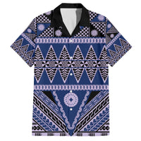 Vintage Bula Fiji Family Matching Off The Shoulder Long Sleeve Dress and Hawaiian Shirt Prussian Blue Tapa Masi Motif LT9 Dad's Shirt - Short Sleeve Blue - Polynesian Pride