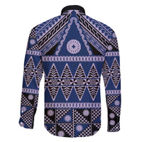 Vintage Bula Fiji Family Matching Off The Shoulder Long Sleeve Dress and Hawaiian Shirt Prussian Blue Tapa Masi Motif LT9 - Polynesian Pride
