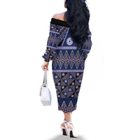 Vintage Bula Fiji Family Matching Off The Shoulder Long Sleeve Dress and Hawaiian Shirt Prussian Blue Tapa Masi Motif LT9 - Polynesian Pride