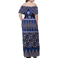 Vintage Bula Fiji Family Matching Off Shoulder Maxi Dress and Hawaiian Shirt Prussian Blue Tapa Masi Motif LT9 - Polynesian Pride