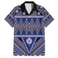 Vintage Bula Fiji Family Matching Off Shoulder Short Dress and Hawaiian Shirt Prussian Blue Tapa Masi Motif LT9 Dad's Shirt - Short Sleeve Blue - Polynesian Pride