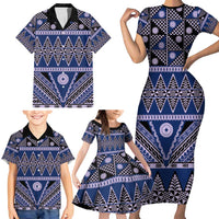 Vintage Bula Fiji Family Matching Short Sleeve Bodycon Dress and Hawaiian Shirt Prussian Blue Tapa Masi Motif LT9 - Polynesian Pride
