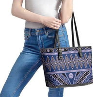 Vintage Bula Fiji Leather Tote Bag Prussian Blue Tapa Masi Motif