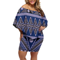 Vintage Bula Fiji Off Shoulder Short Dress Prussian Blue Tapa Masi Motif