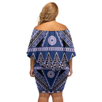 Vintage Bula Fiji Off Shoulder Short Dress Prussian Blue Tapa Masi Motif