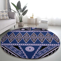 Vintage Bula Fiji Round Carpet Prussian Blue Tapa Masi Motif LT9 - Polynesian Pride