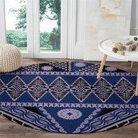 Vintage Bula Fiji Round Carpet Prussian Blue Tapa Masi Motif LT9 - Polynesian Pride