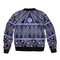 Vintage Bula Fiji Sleeve Zip Bomber Jacket Prussian Blue Tapa Masi Motif
