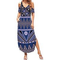 Vintage Bula Fiji Summer Maxi Dress Prussian Blue Tapa Masi Motif