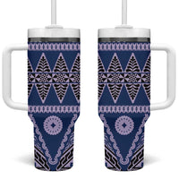 Vintage Bula Fiji Tumbler With Handle Prussian Blue Tapa Masi Motif