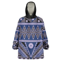 Vintage Bula Fiji Wearable Blanket Hoodie Prussian Blue Tapa Masi Motif