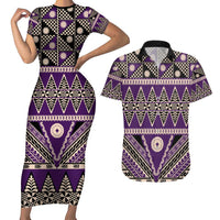 Vintage Bula Fiji Couples Matching Short Sleeve Bodycon Dress and Hawaiian Shirt Purple Tapa Masi Motif LT9 Purple - Polynesian Pride