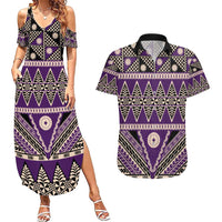 Vintage Bula Fiji Couples Matching Summer Maxi Dress and Hawaiian Shirt Purple Tapa Masi Motif LT9 Purple - Polynesian Pride