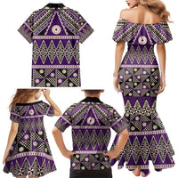 Vintage Bula Fiji Family Matching Mermaid Dress and Hawaiian Shirt Purple Tapa Masi Motif LT9 - Polynesian Pride