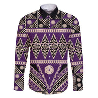 Vintage Bula Fiji Family Matching Mermaid Dress and Hawaiian Shirt Purple Tapa Masi Motif LT9 Dad's Shirt - Long Sleeve Purple - Polynesian Pride