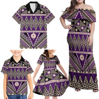Vintage Bula Fiji Family Matching Off Shoulder Maxi Dress and Hawaiian Shirt Purple Tapa Masi Motif LT9 - Polynesian Pride