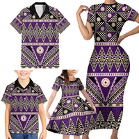Vintage Bula Fiji Family Matching Short Sleeve Bodycon Dress and Hawaiian Shirt Purple Tapa Masi Motif LT9 - Polynesian Pride
