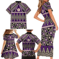 Vintage Bula Fiji Family Matching Short Sleeve Bodycon Dress and Hawaiian Shirt Purple Tapa Masi Motif LT9 - Polynesian Pride