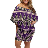 Vintage Bula Fiji Off Shoulder Short Dress Purple Tapa Masi Motif