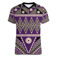 Vintage Bula Fiji Women V-Neck T-Shirt Purple Tapa Masi Motif