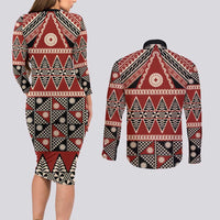 Vintage Bula Fiji Couples Matching Long Sleeve Bodycon Dress and Long Sleeve Button Shirt Red Tapa Masi Motif LT9 - Polynesian Pride